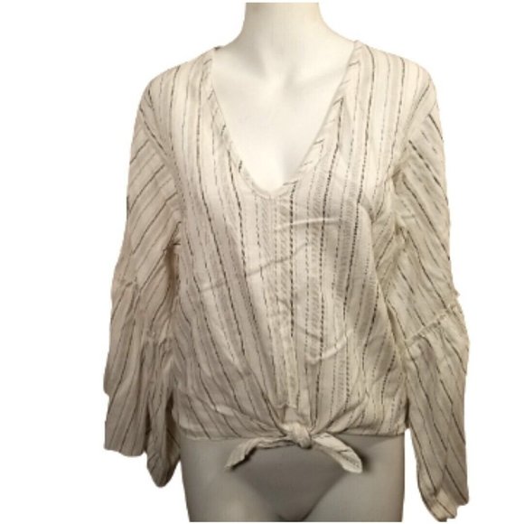 Lavender Field Womens Top Blouse Size M Striped Linen Cropped Bell Sleeve V-Neck - Picture 1 of 8